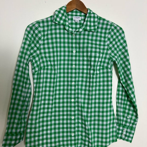 J. Crew Green Gingham Women's Top XXS Tie Neck Smocked Cotton Woven Casual Chic - Picture 5 of 16